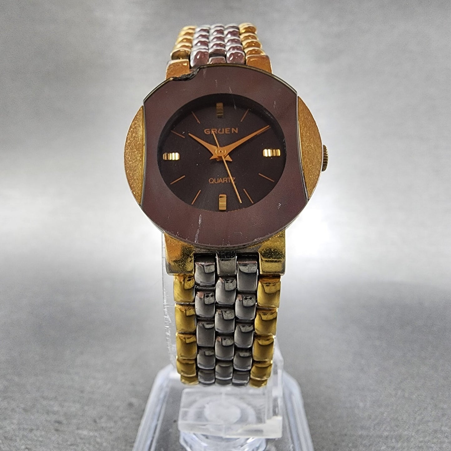 Gruen Watch Women 24mm Gray Dial Two Tone Round 200-Y481 New Battery