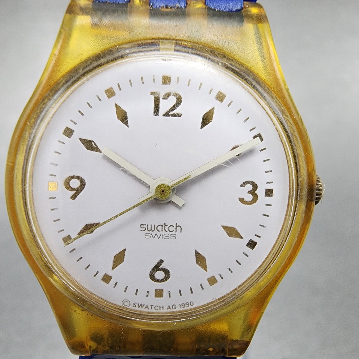 Swatch Gold Bride Watch Women 25mm White Dial Clear Case Round LK123 New Battery
