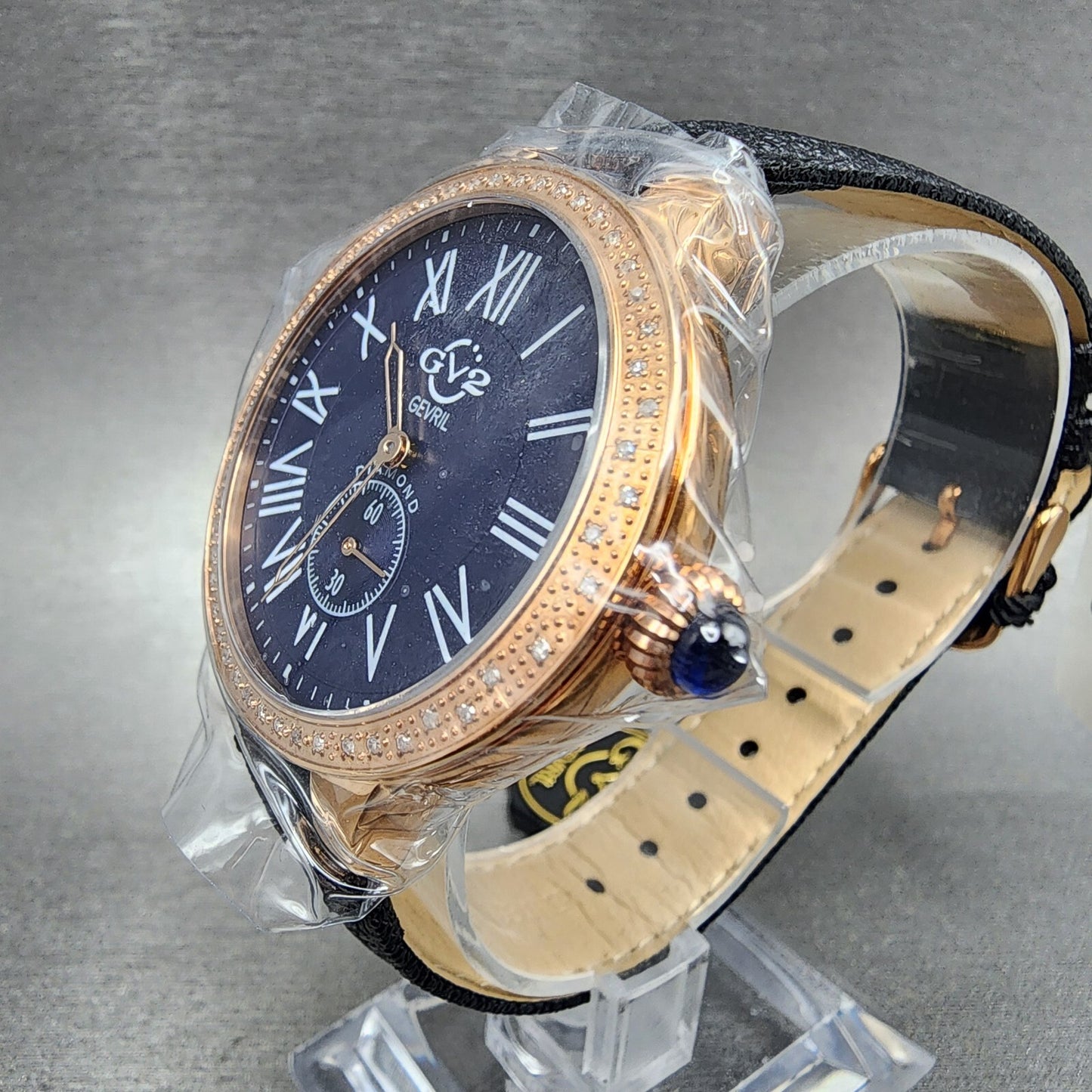 Gevril GV2 Astor Watch Women 40mm Blue Dial Rose Gold Tone Diamond Bezel 9109