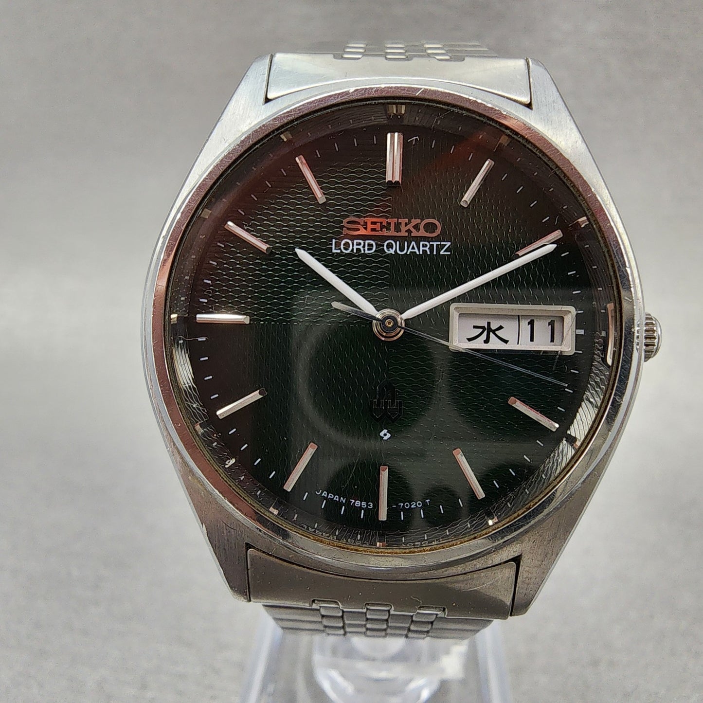Seiko Lord Quartz Watch Men 34mm Green Dial Silver Tone Daydate 7853-7020 NewBat