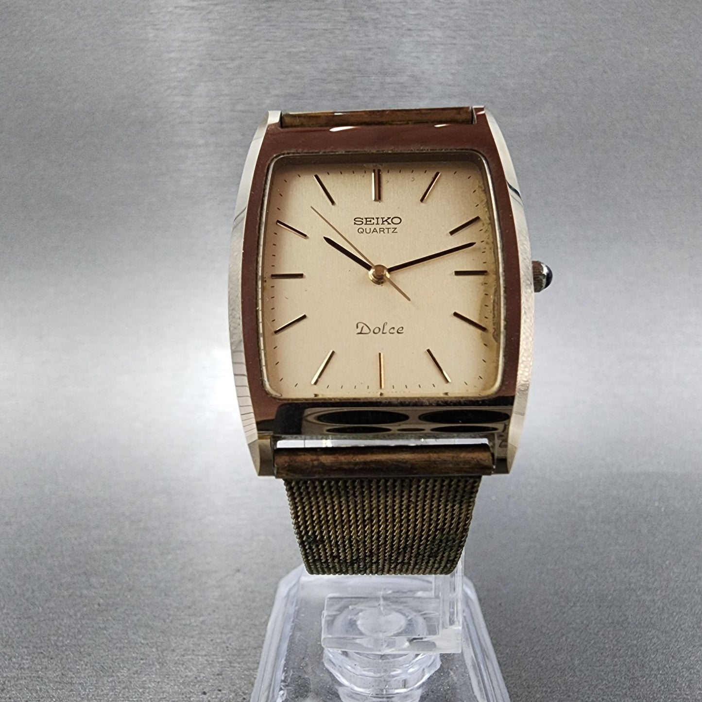 Seiko Dolce Tank Watch Men 28mm Champagne Dial Gold Tone 6030-5320 New Battery