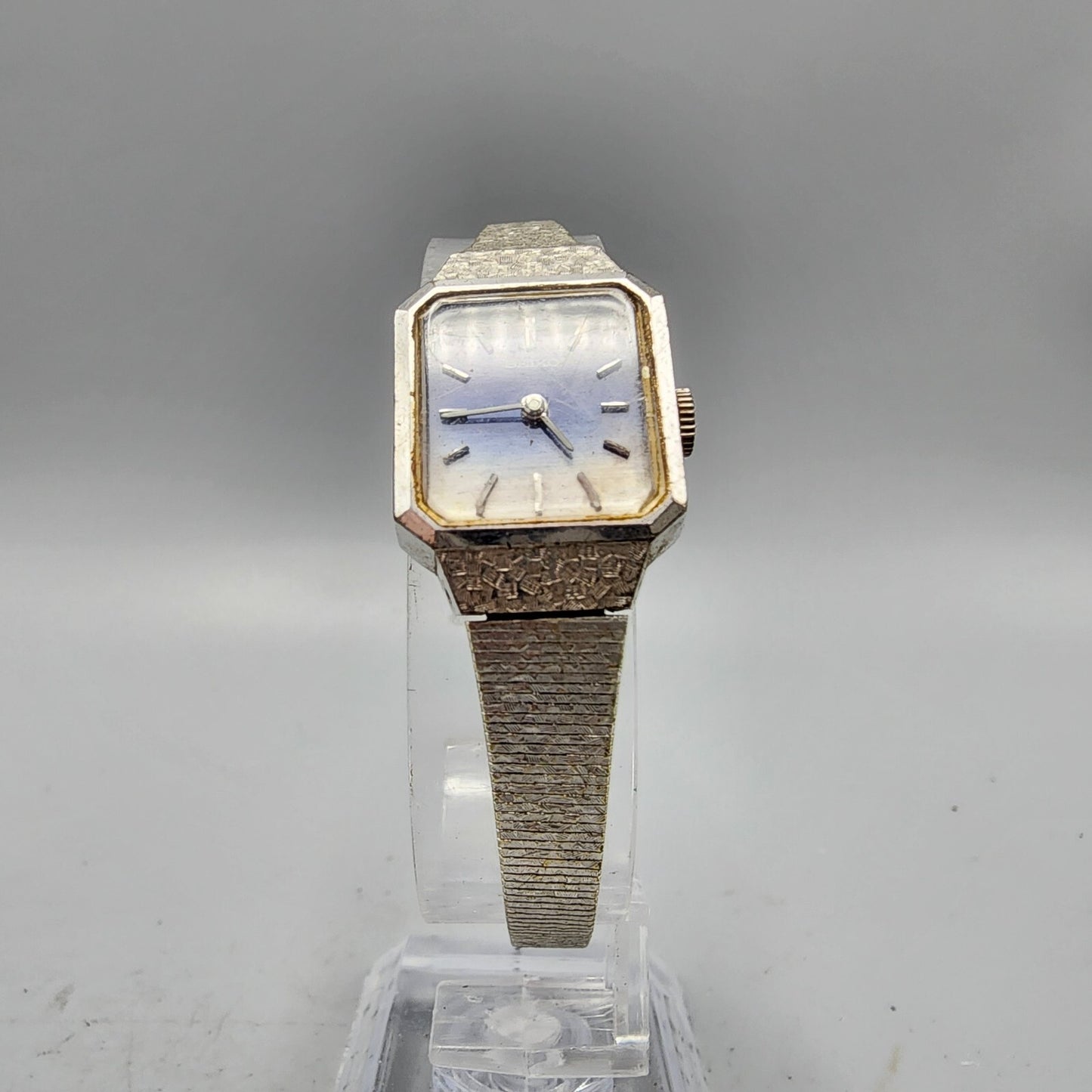 Seiko Watch Women Silver Tone Blue&White Dial Manual Wind 18mm Rectangle Runs