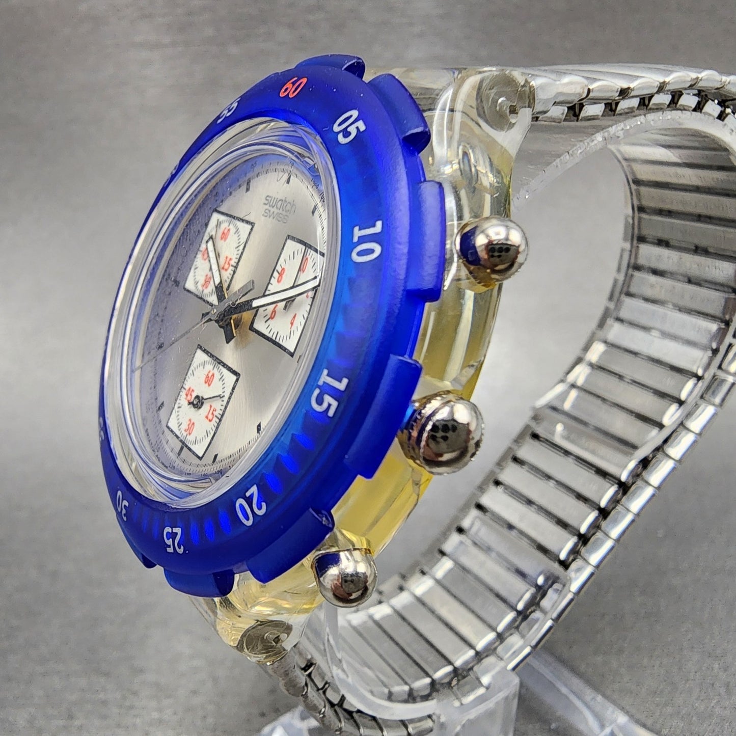 Swatch Aquachrono Watch Men 43mm Silver Dial Clear Case Round SBK117 READ!!!!
