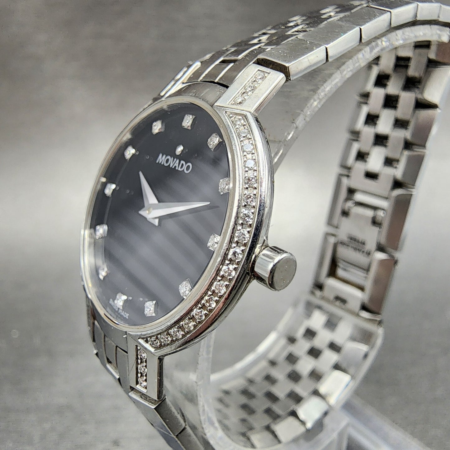 Movado Faceto Watch Women 25mm black Dial Steel Diamonds Round 605586 New Batt