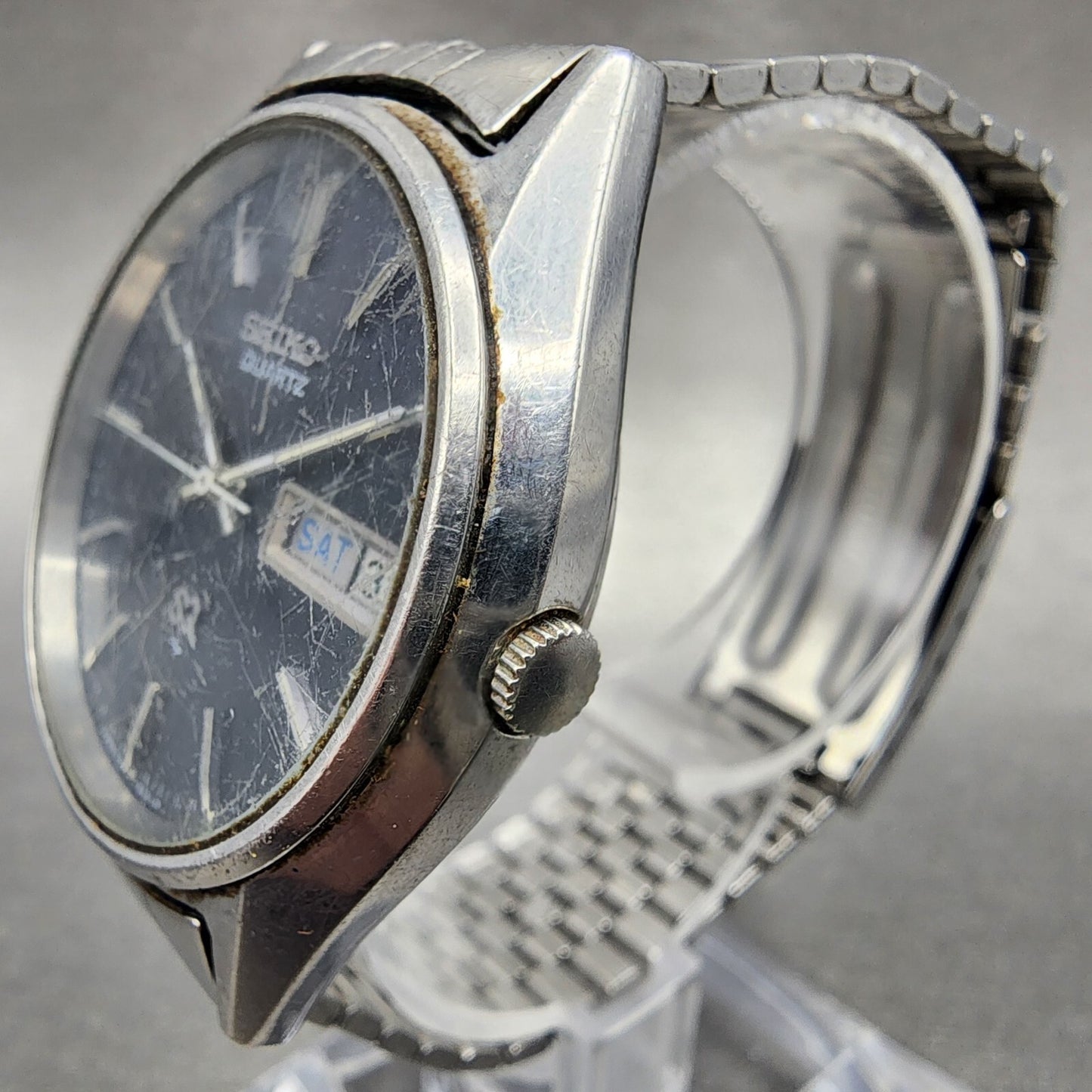 Seiko SQ Watch Men 35mm Black Dial Steel Daydate Round 7123-8460 PARTS