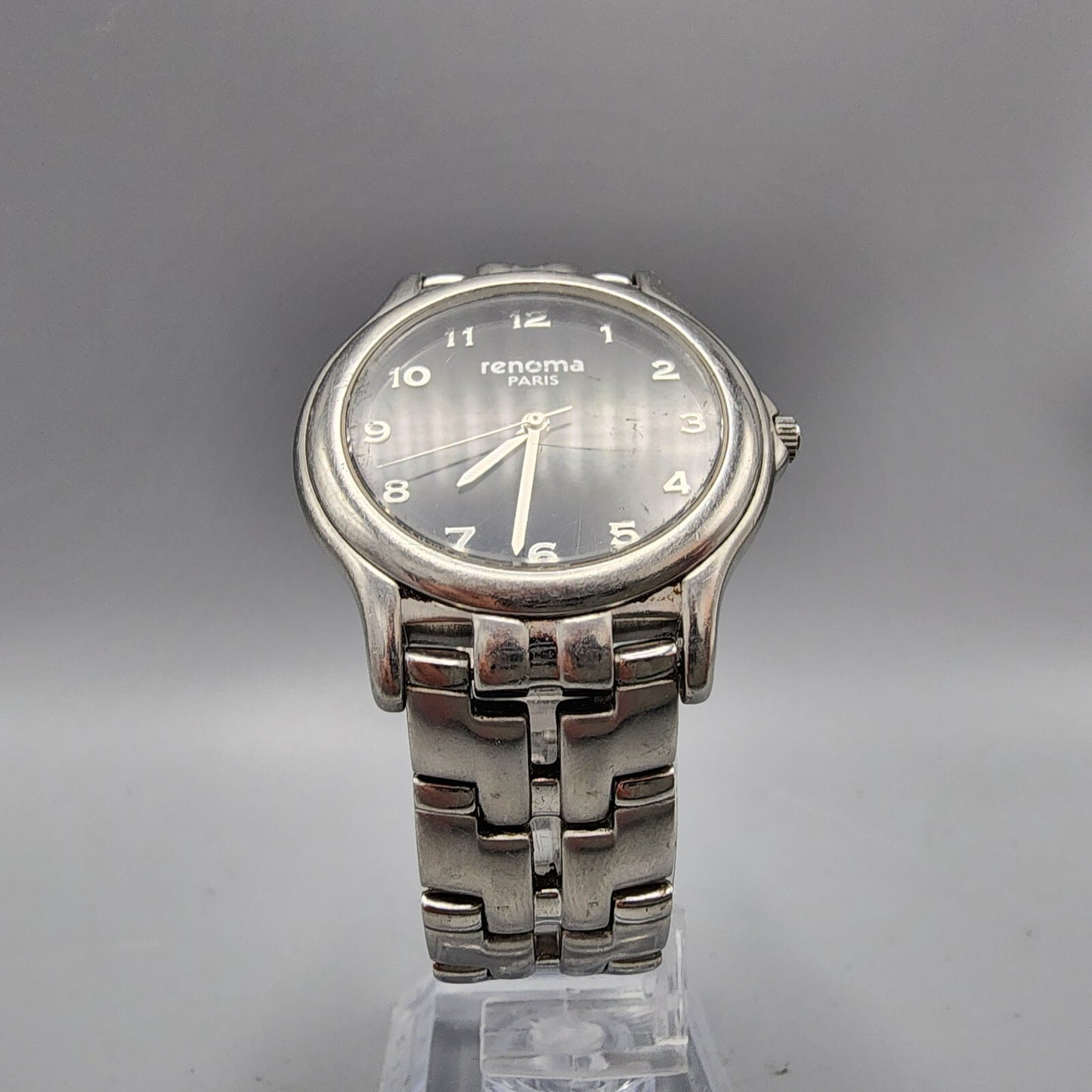 Vintage Renoma Watch Men Silver Tone Black Dial 35mm Round New Battery