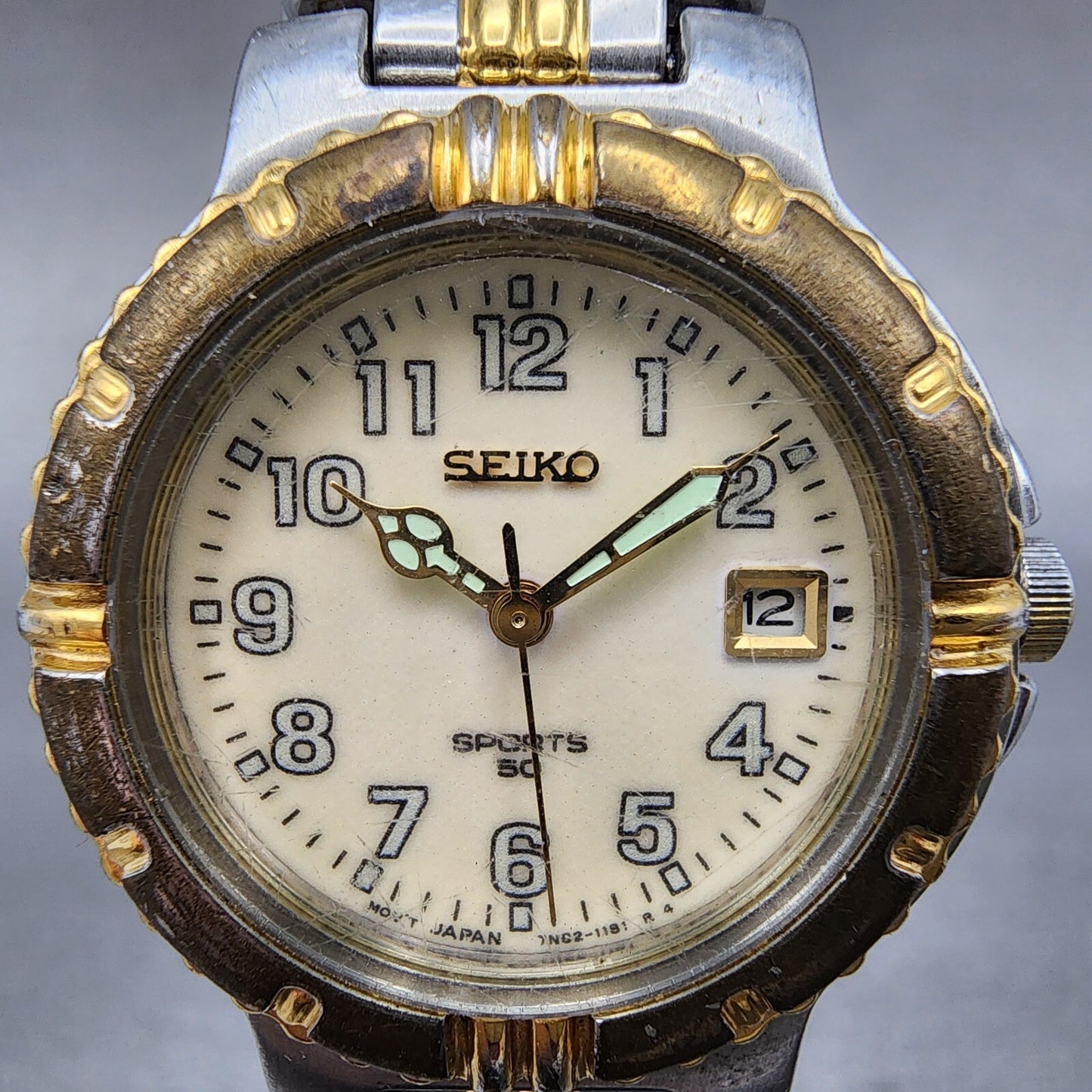 Seiko Sports 50 Watch Women 27mm Cream Dial Two Tone Date 7n82-0499 New Battery