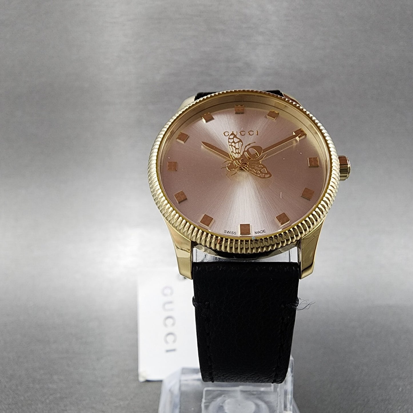 Gucci G-Timeless Watch Women 29mm Silver Dial Gold Tone Round Leather YA1265023