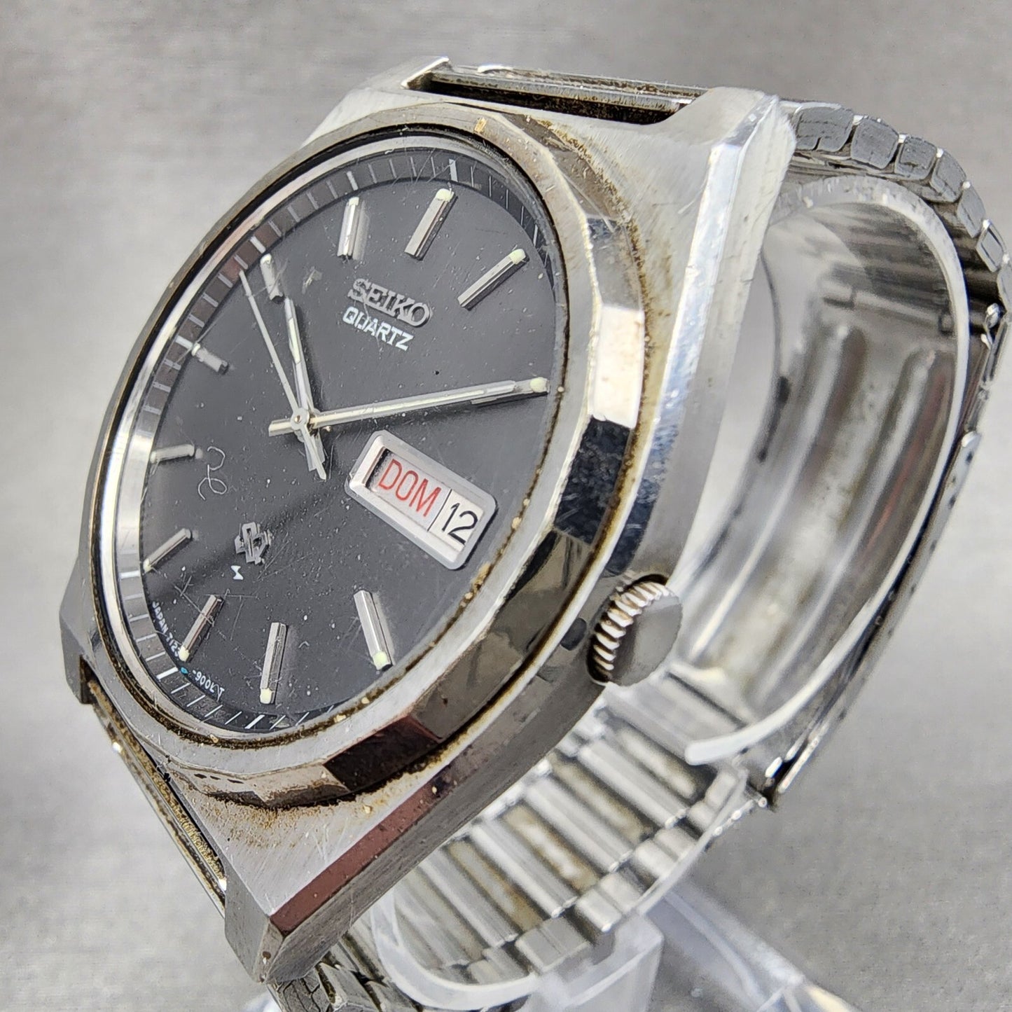 Seiko SQ Watch Men 37mm Gray Dial Steel Daydate Round 7123-9009 PARTS