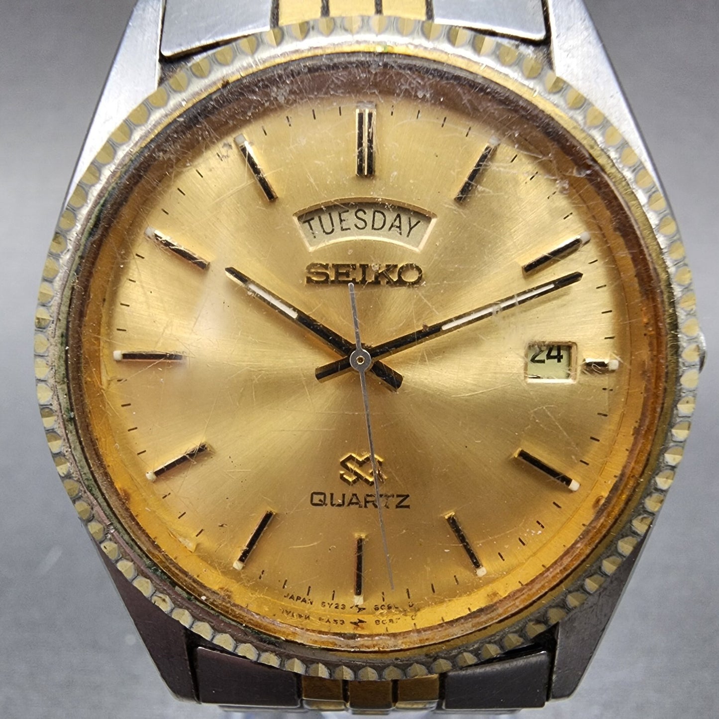 Seiko SQ President Watch Men 37mm Gold Dial Two Tone Daydate 5y23-8a69 New Batt
