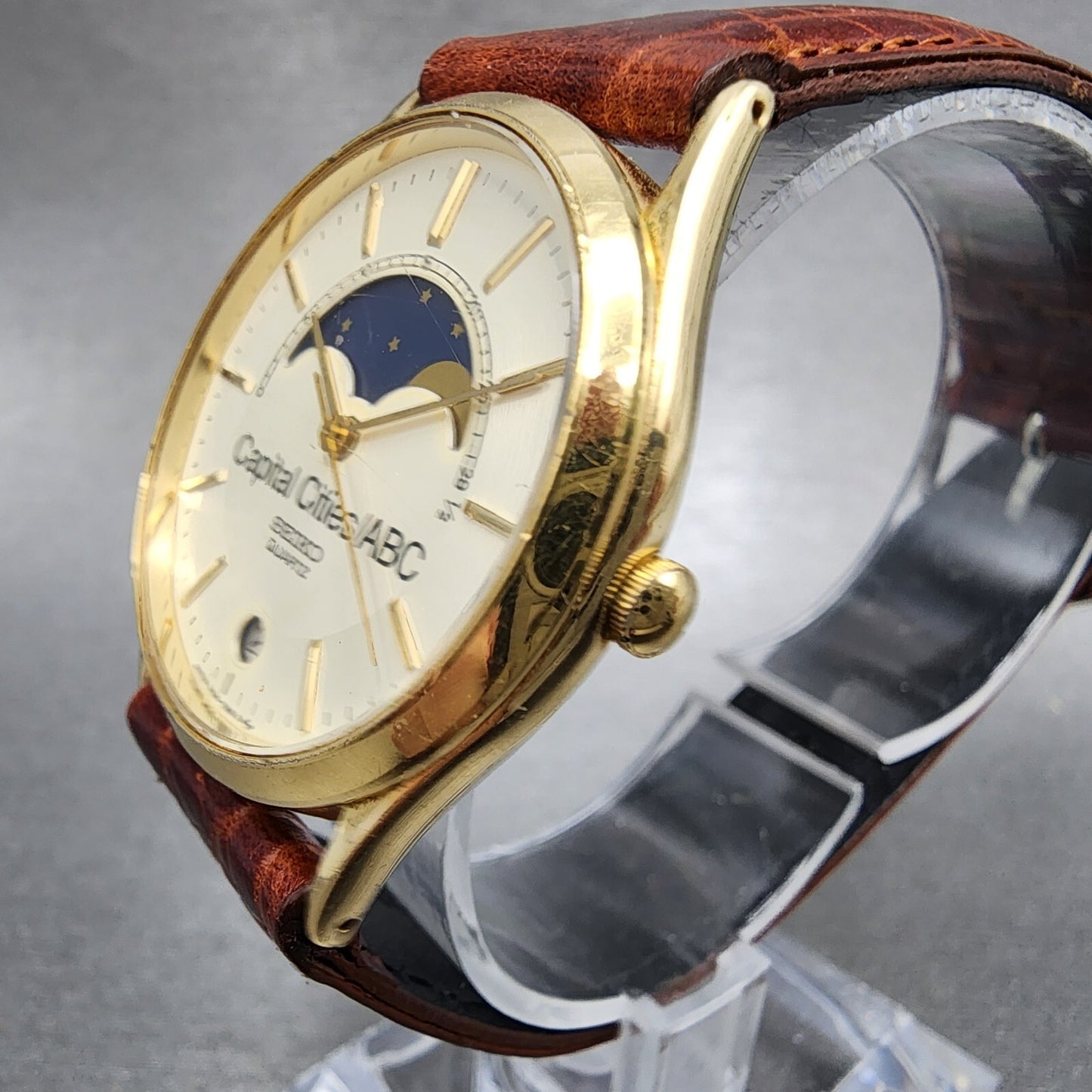Seiko Moonphase Watch Men 32mm Silver Dial Gold Tone Date 7434-7008 PARTS
