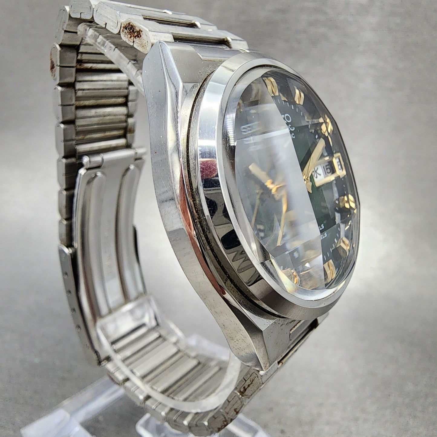 Seiko Lord Matic Watch Men 36mm Green Dial Silver Tone Daydaye 5606-7341 Runs
