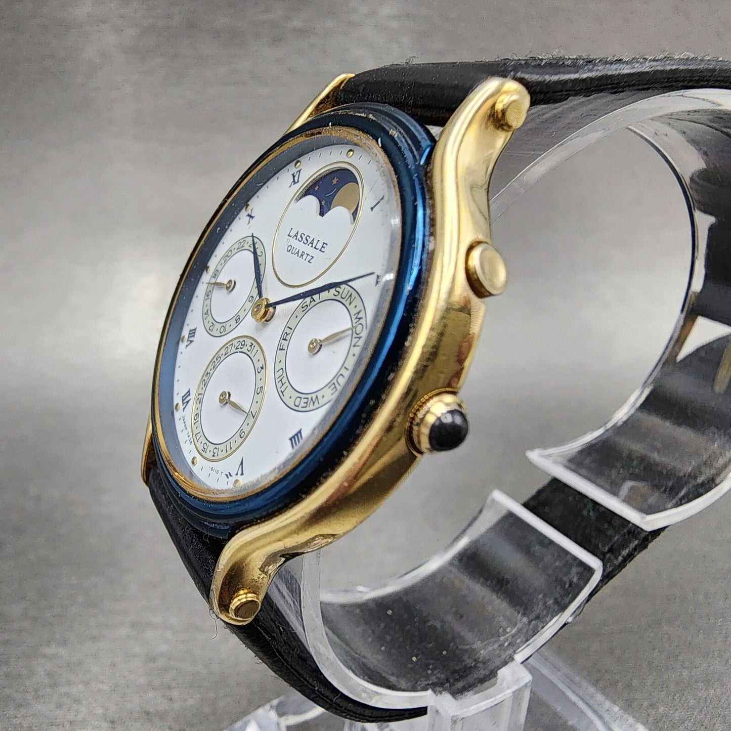 Seiko Lassale Moonphase Watch Men 34mm White Dial Gold Tone Daydate Round Newbat