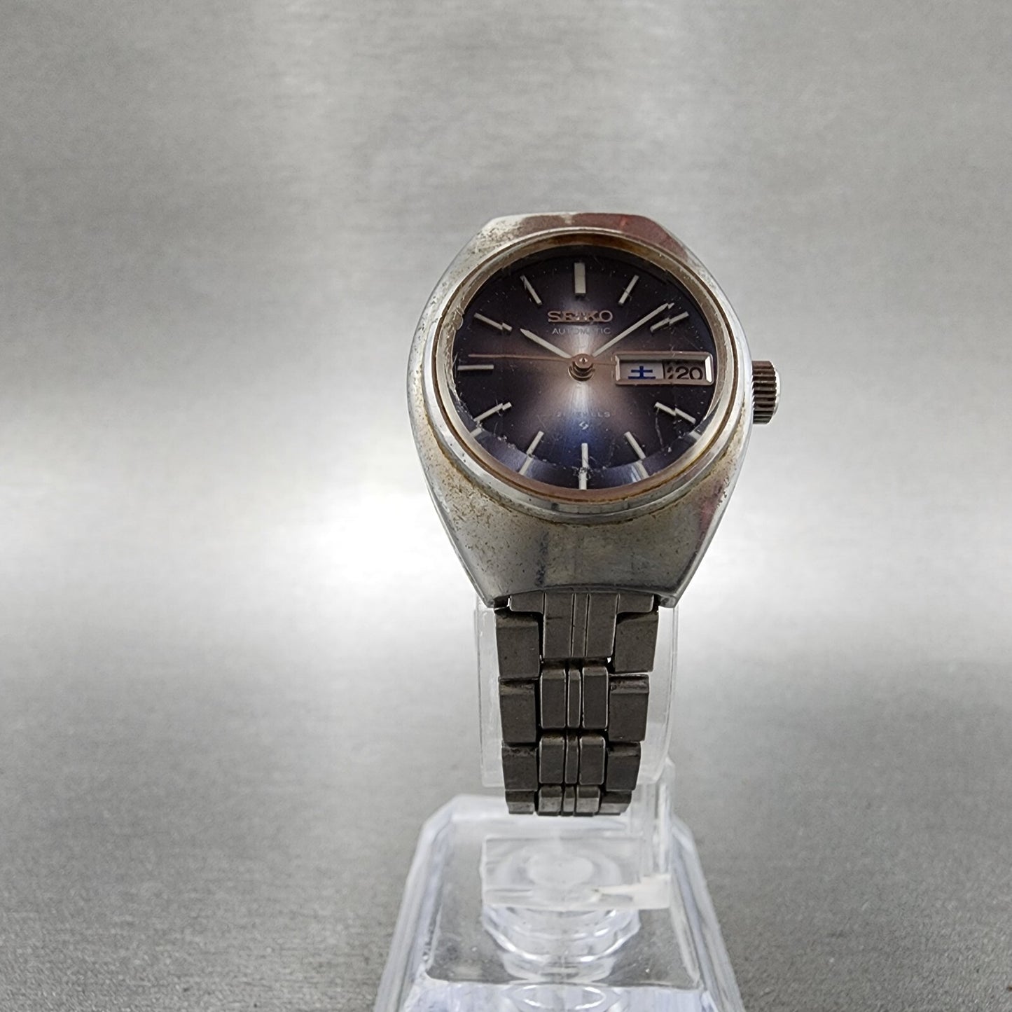 Seiko Automatic Watch Women 24mm Blue Dial Silver Tone Daydate 2706-0200 Runs