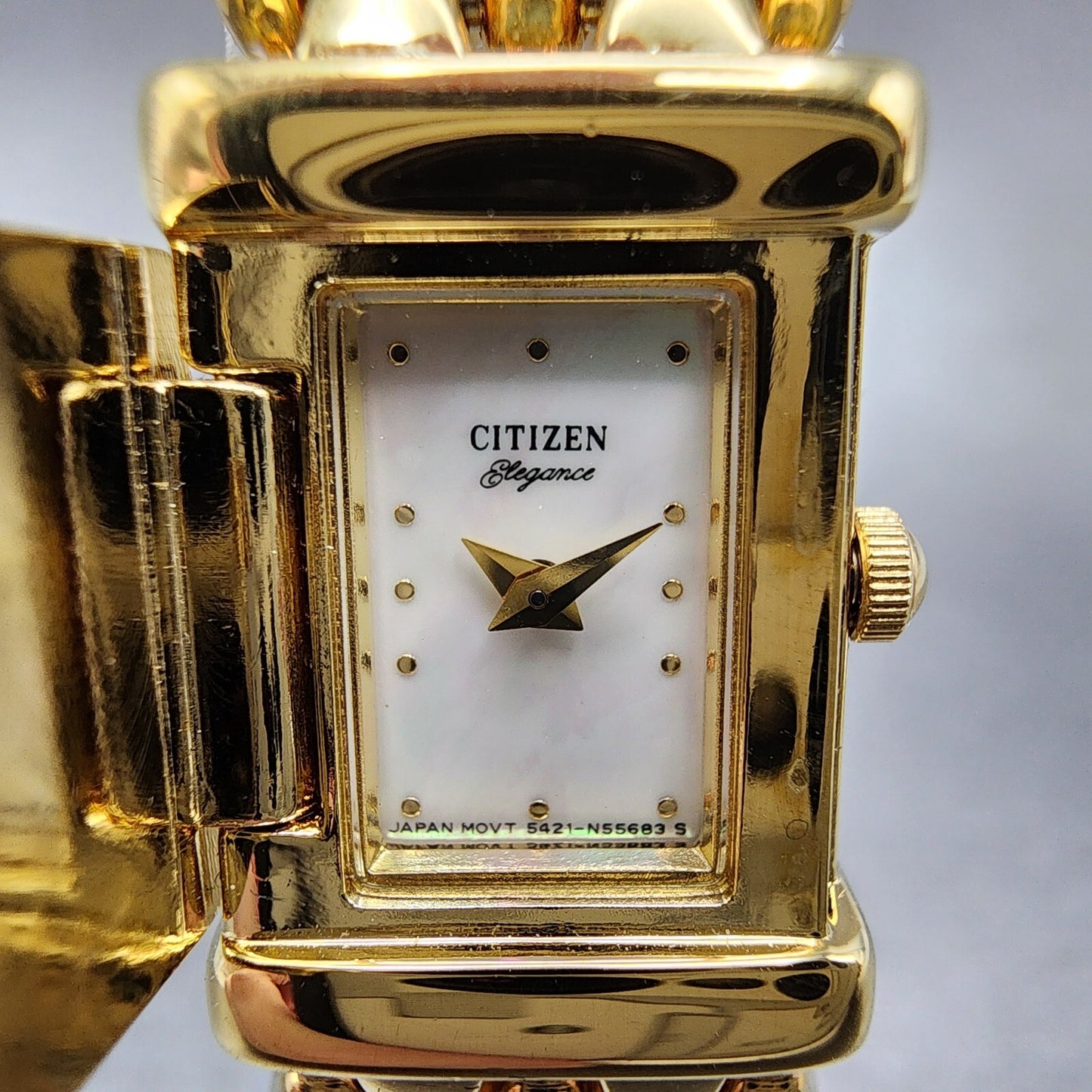 Citizen Elegance Tank Watch Women 15mm MOP Dial Gold Tone Hide Away New Battery