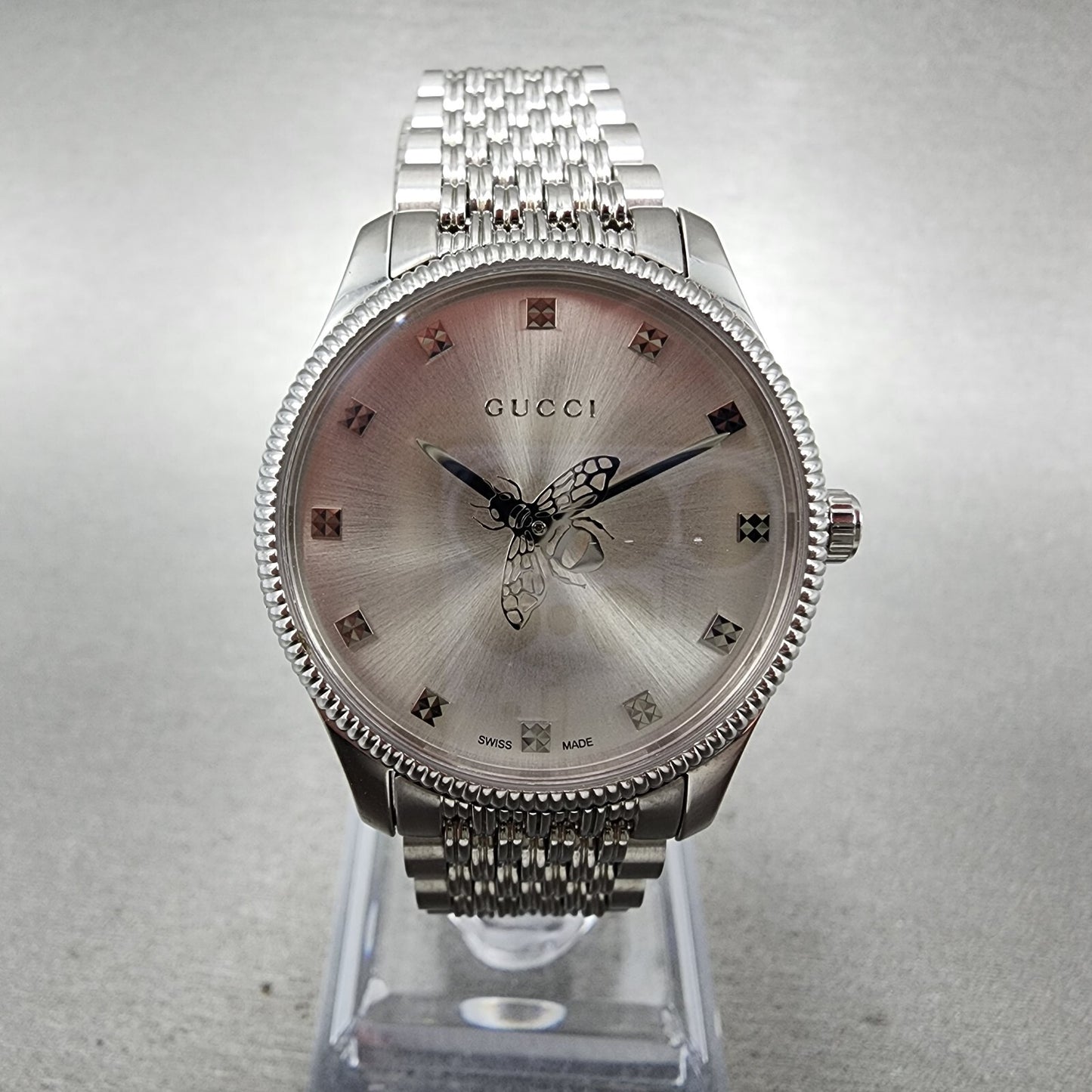 Gucci G-Timeless Watch Women 29mm Silver Dial Steel Round Bracelet YA1265019