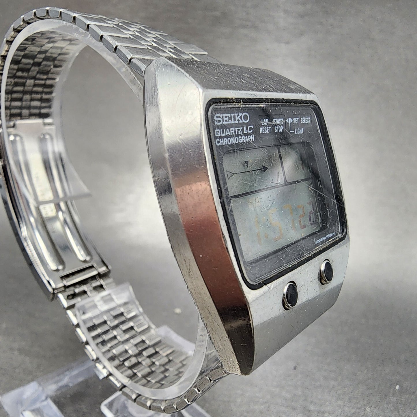 VTG Seiko Digital Watch Men 35mm Silver Tone Chronograph M159-5059 New Battery