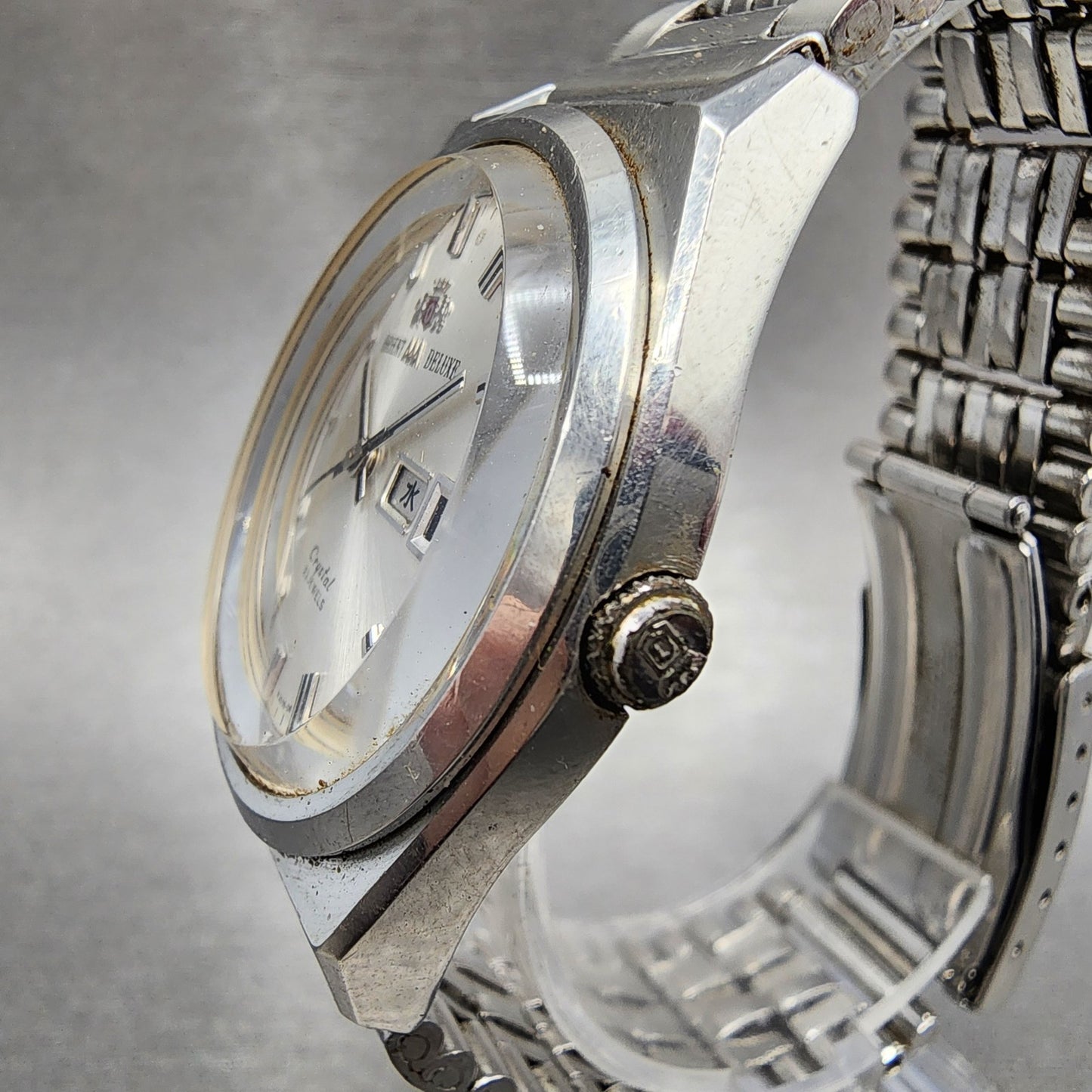 Orient AAA Deluxe Crystal Watch Men 35mm Silver Dial Steel Daydate Automatic
