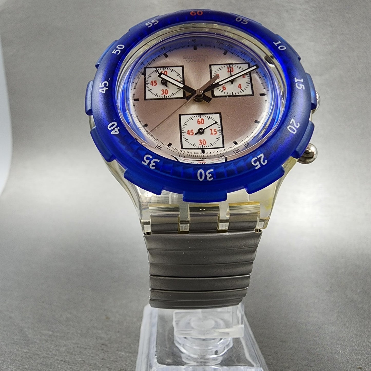 Swatch Aquachrono Watch Men 43mm Silver Dial Clear Case Round SBK117 READ!!!!