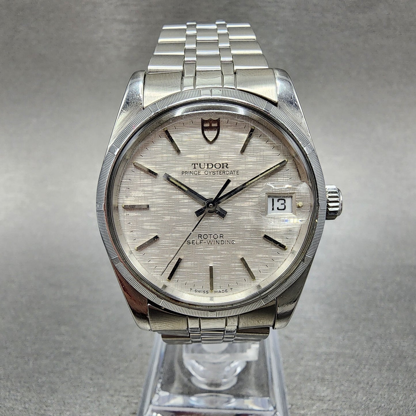 Tudor Prince Oysterdate Watch Men 35mm Linen Champagne Dial Steel Fluted Bezel