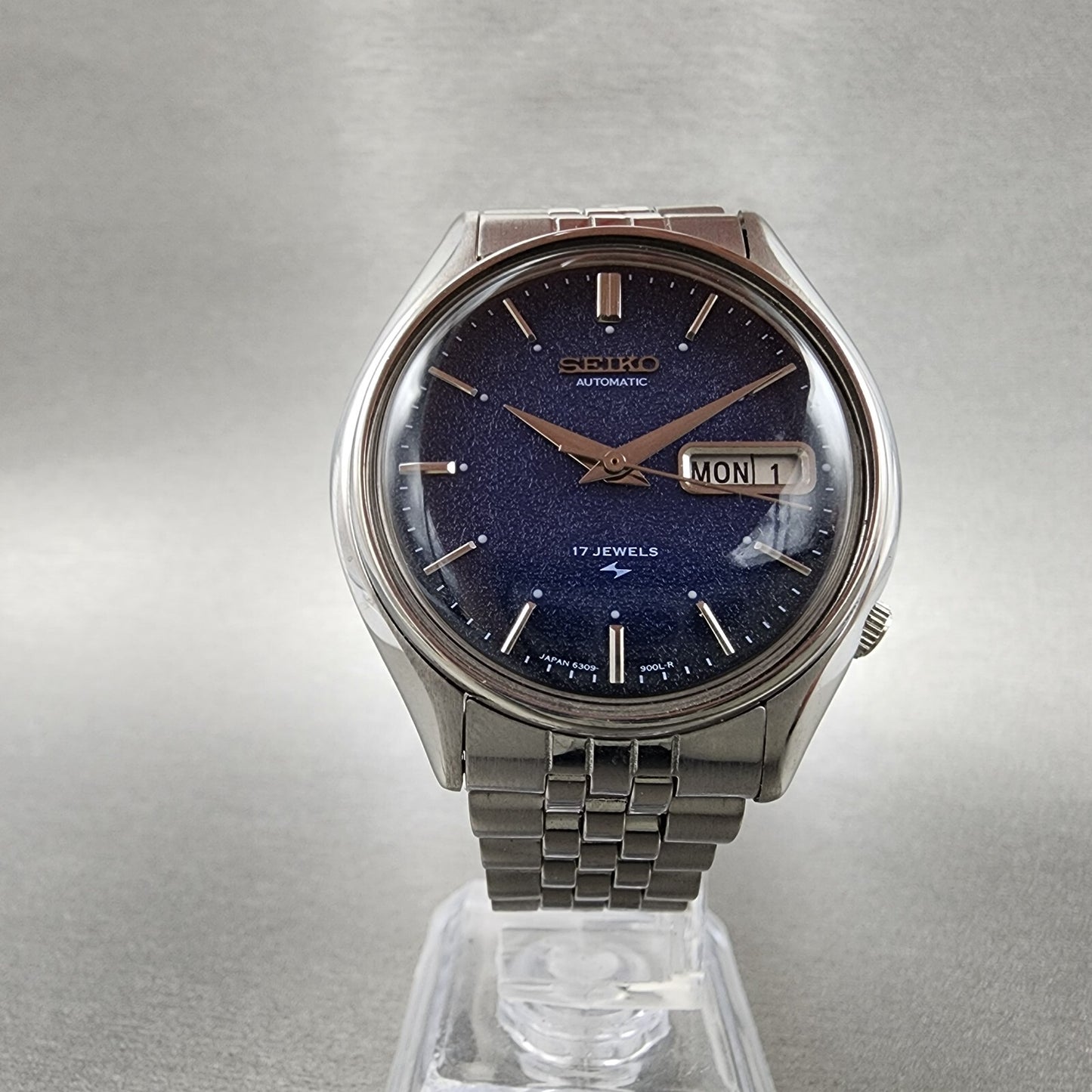 Seiko Automatic Watch Men 38mm Blue Texture Dial Steel Daydate 6309-8480 Runs AB
