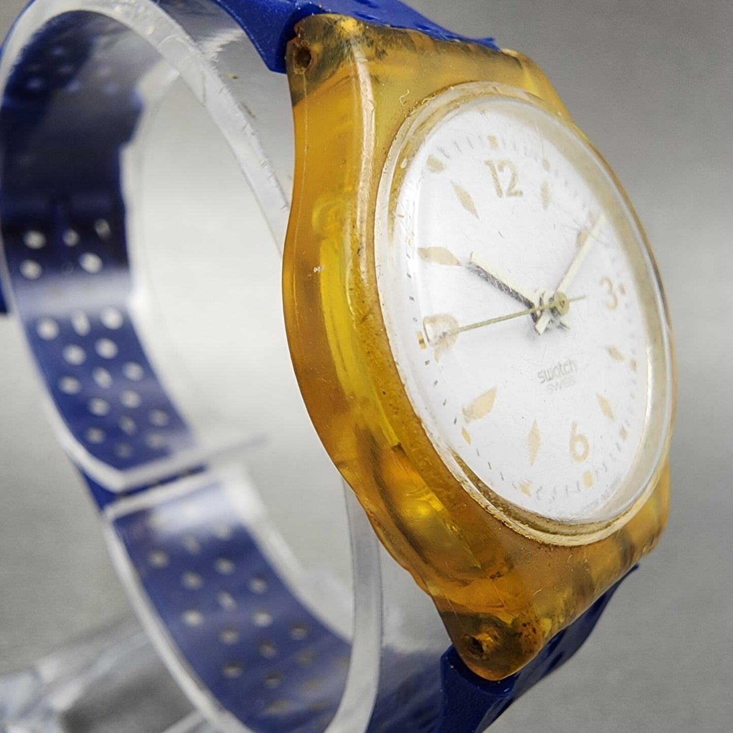 Swatch Gold Bride Watch Women 25mm White Dial Clear Case Round LK123 New Battery