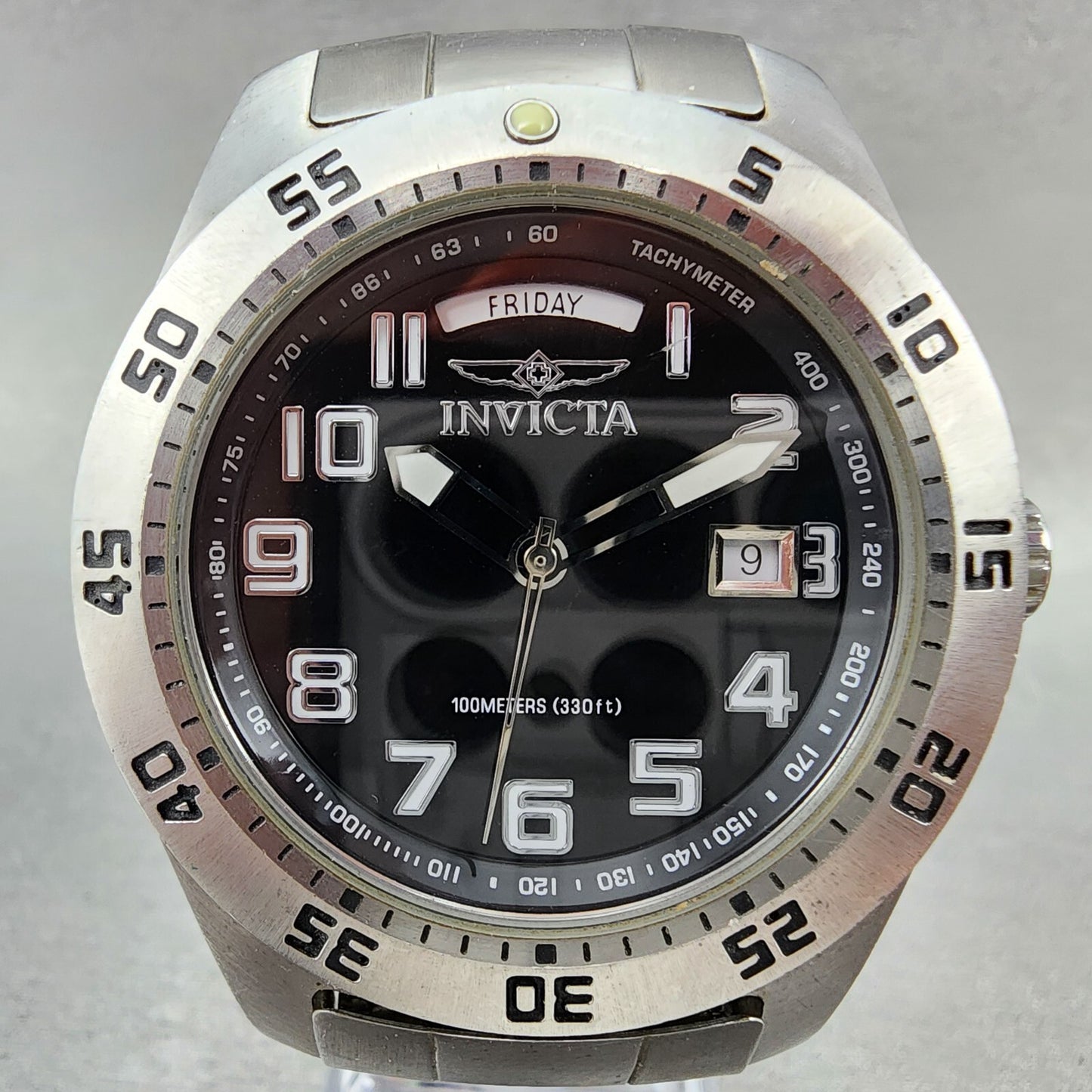 Invicta Watch Men 44mm Black Dial Silver Tone Daydate Round New Battery