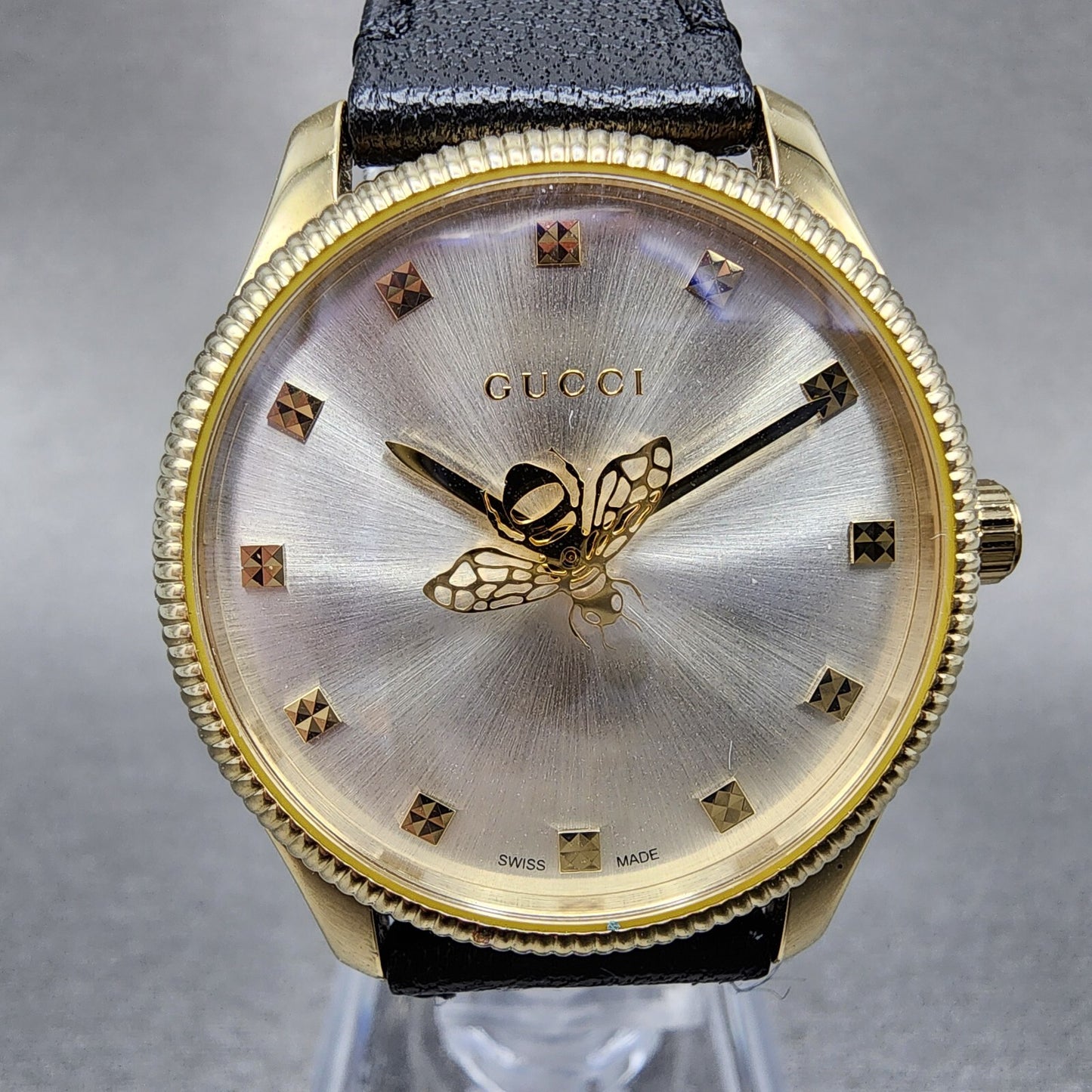 Gucci G-Timeless Watch Women 29mm Silver Dial Gold Tone Round Leather YA1265023