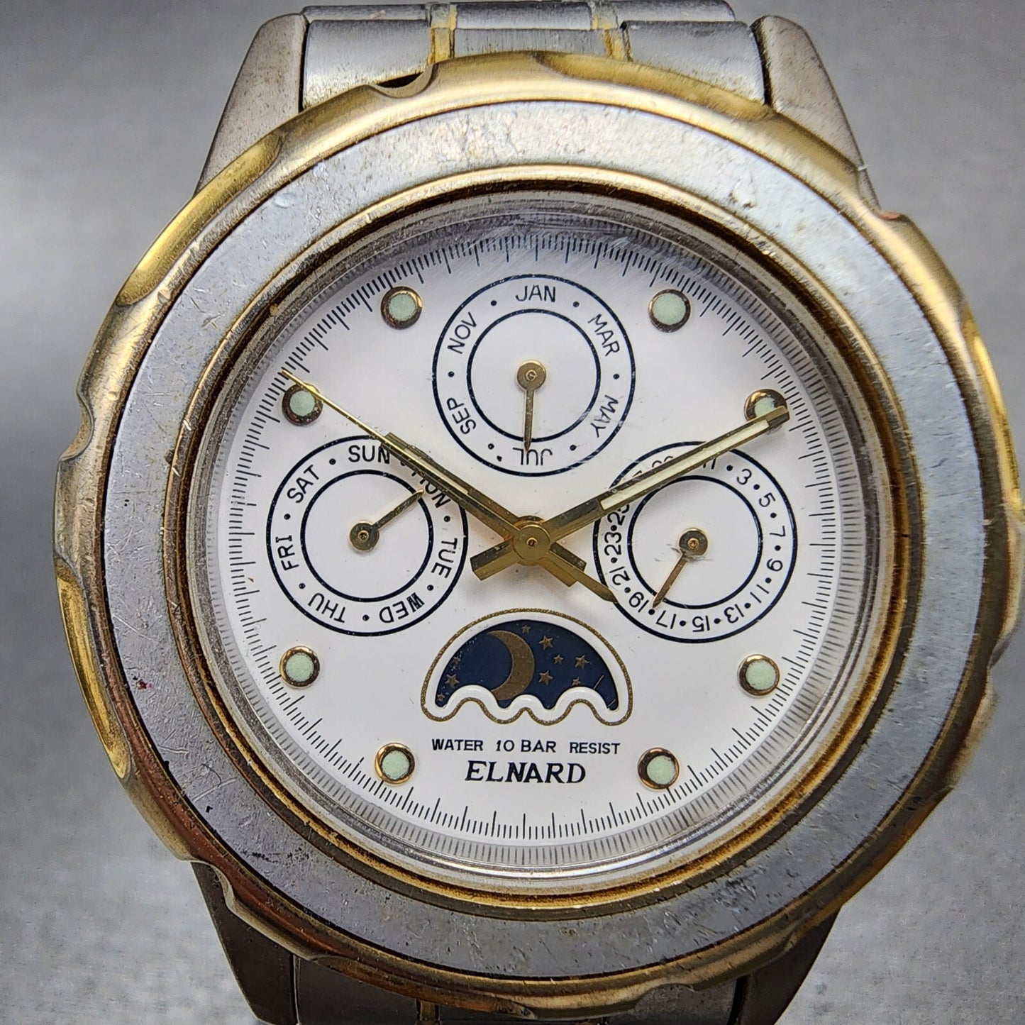 Elnard Triple Calendar Watch Men 37mm White Dial Two Tone Sun&Moon Round New Bat
