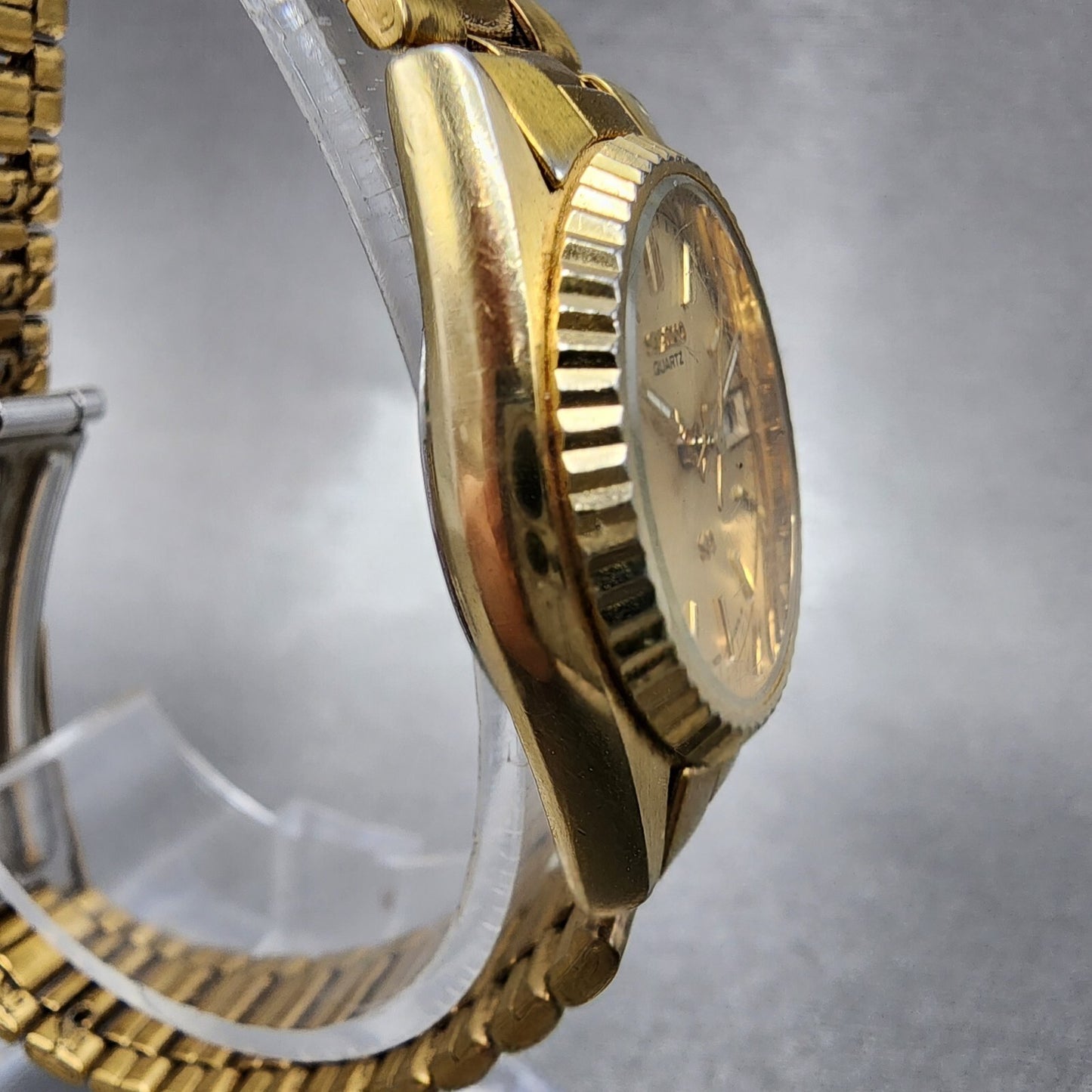 Seiko SQ Watch Women 24mm Gold Dial Gold Tone Daydate 24mm Round New Battery ABC