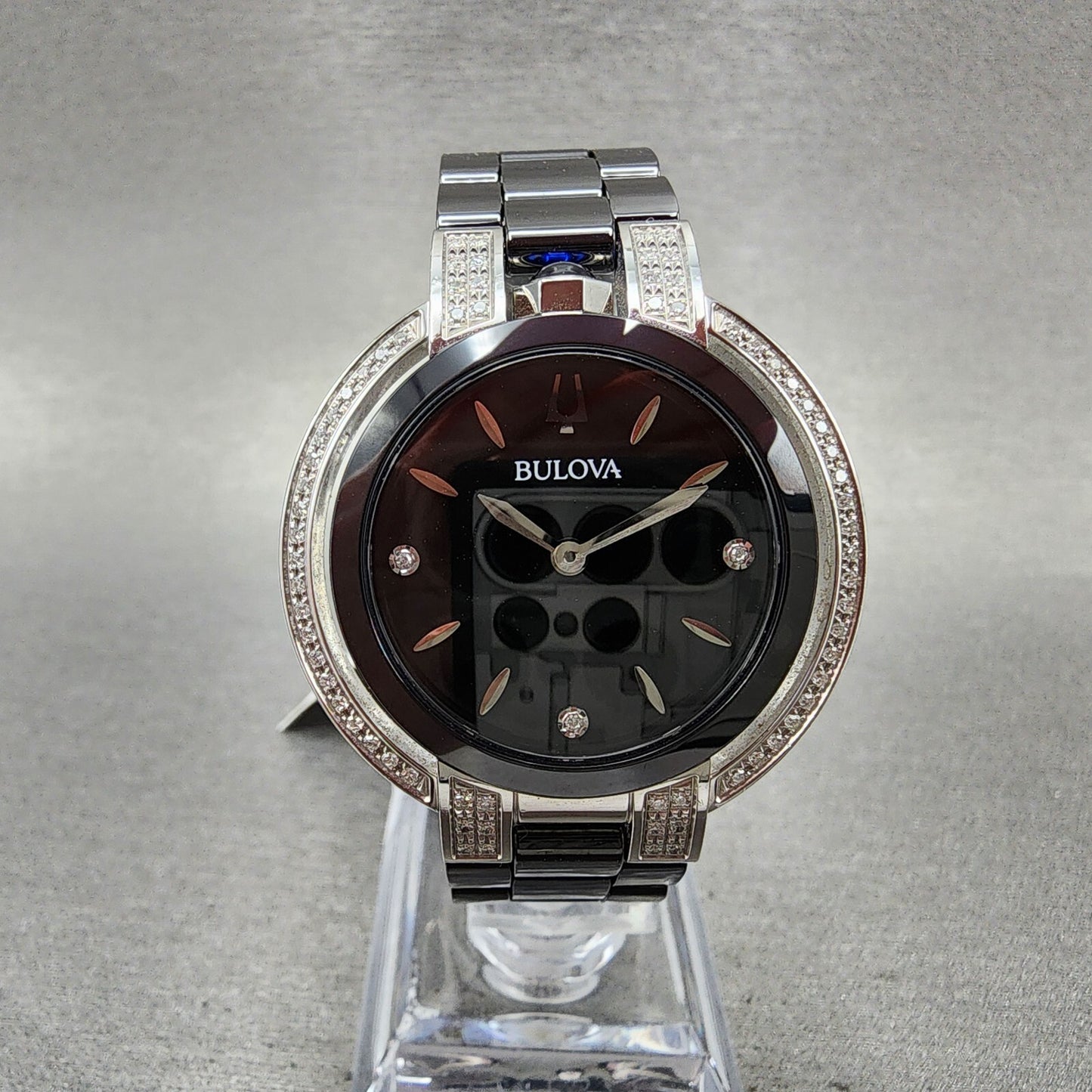 Bulova Rubaiyat Watch Women 35mm Black Dial Black Ceramic Diamond Bezel 98R266 B