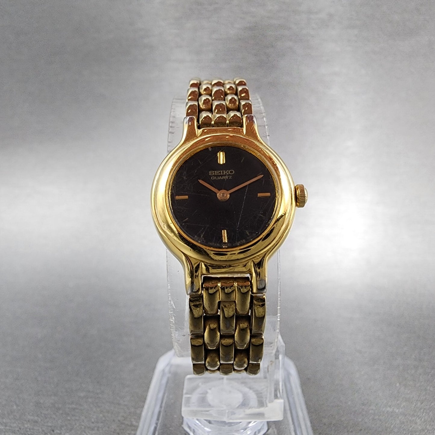 Seiko Watch Women 19mm Black Dial Gold Tone Round 1N00-0C49 New Battery