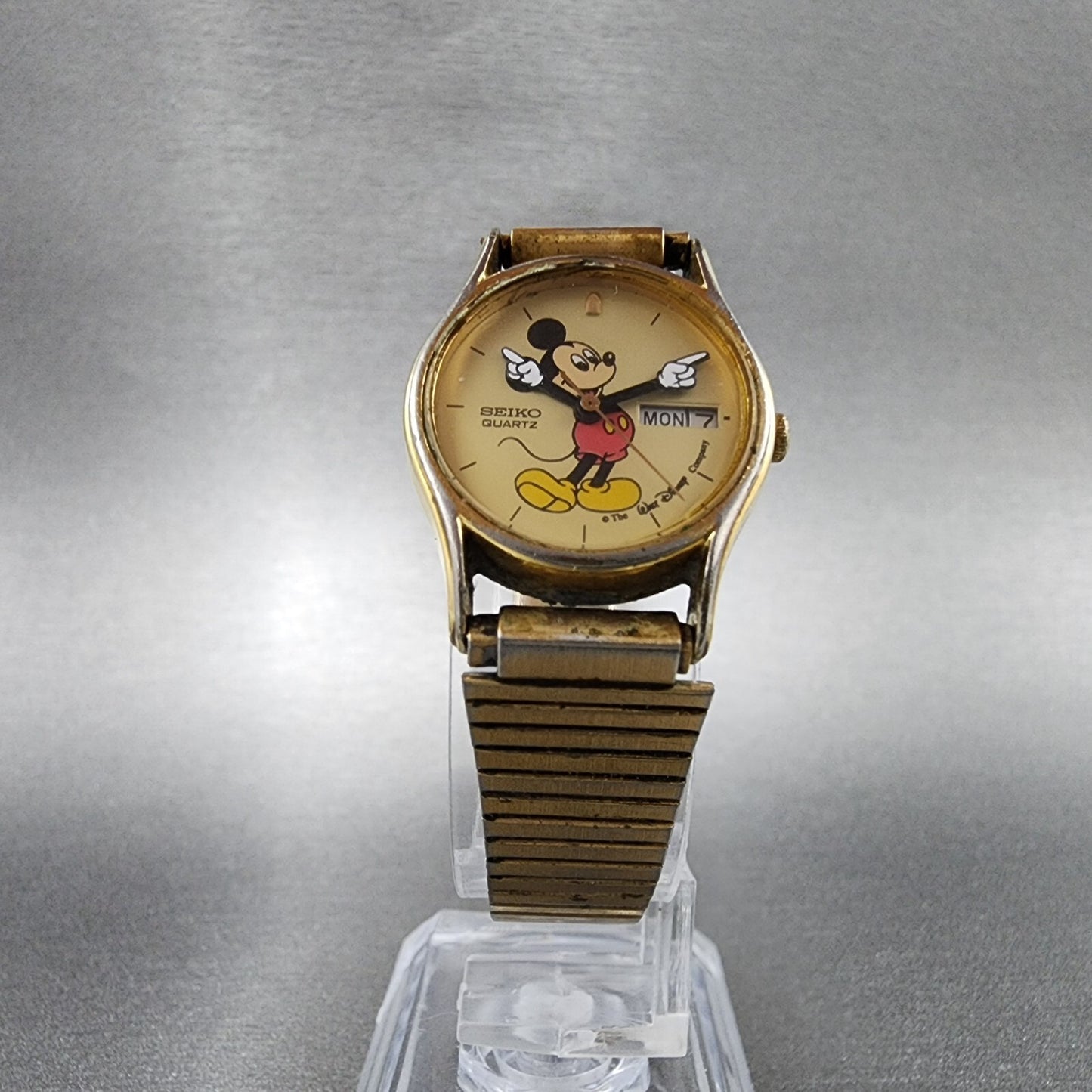 VTG Seiko Mickey Mouse Watch Women 22mm Cream Dial Gold Tone Daydate New Battery