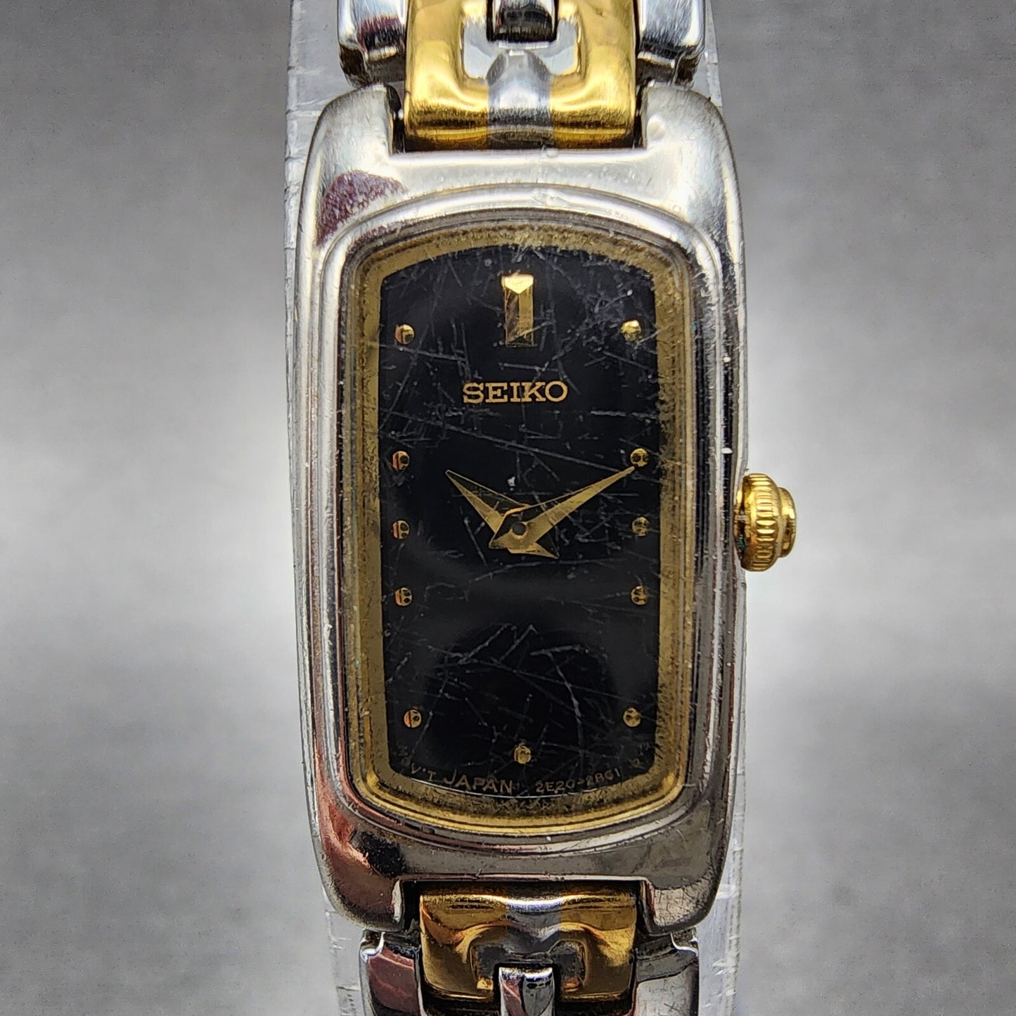 Seiko Watch Women 14mm Black Dial Two Tone Rectangle 2E20-7289 New Battery