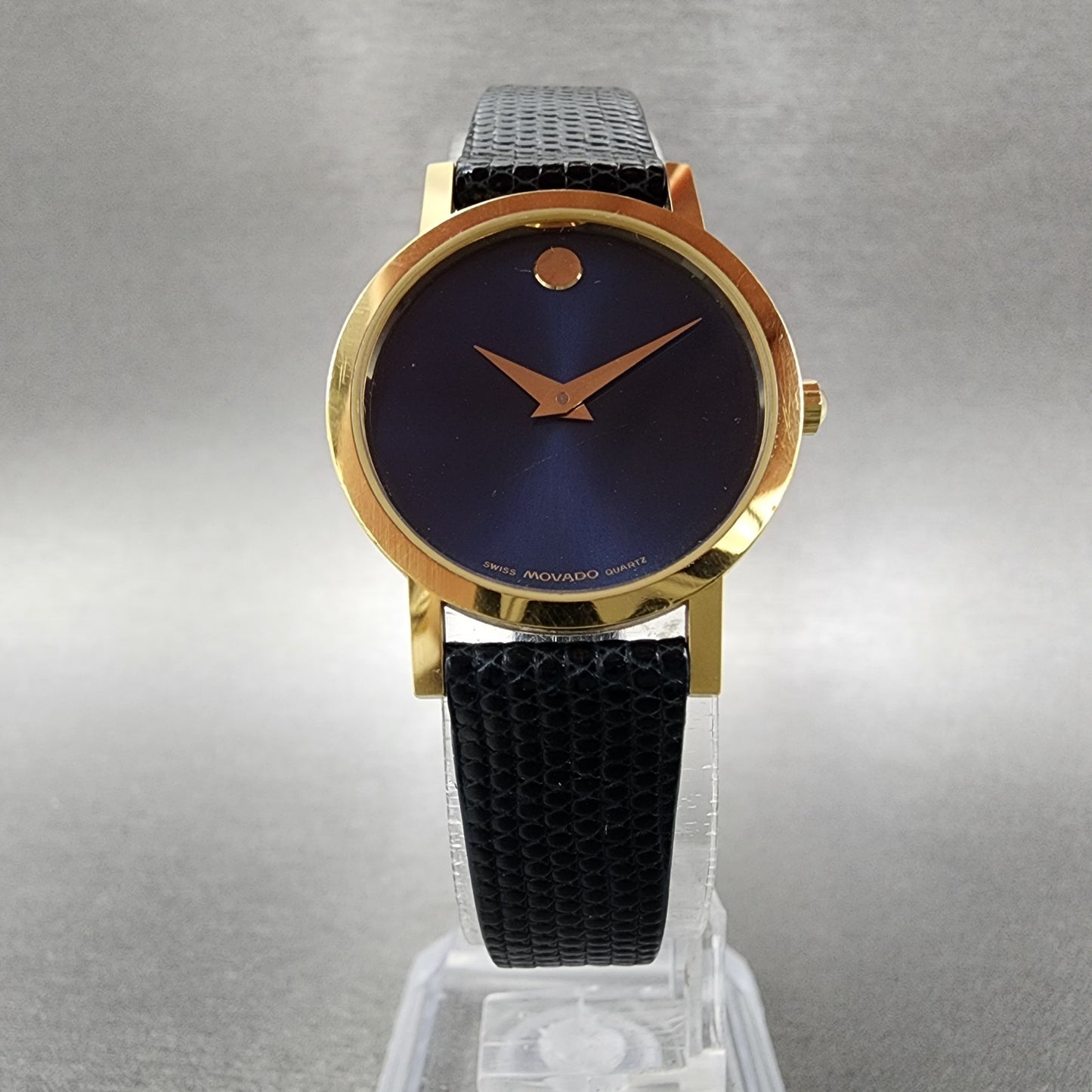 Movado Museum Watch Women 25mm Blue Dial Gold Plated Round Lizard Band New Batt
