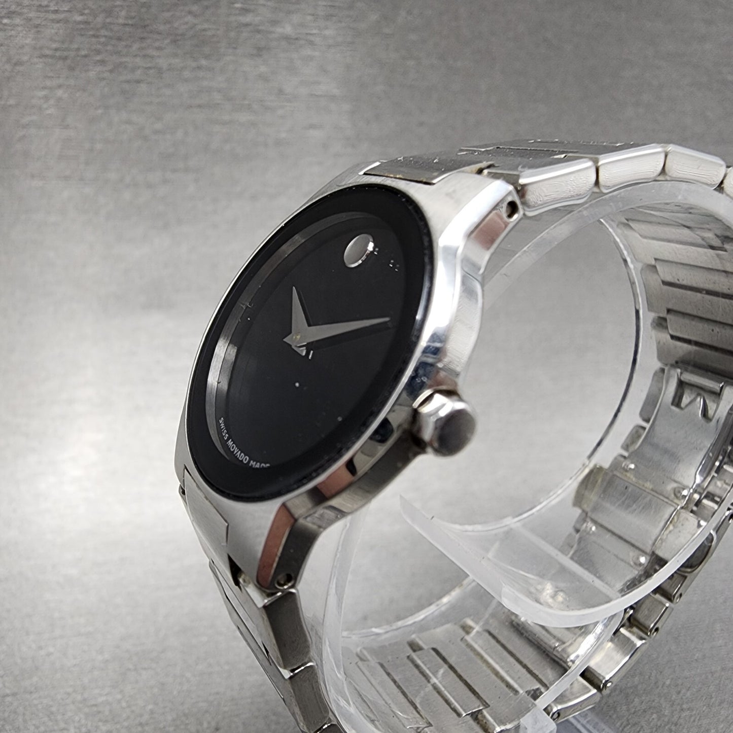 Movado Safiro Watch Women 26mm Black Dial Steel Round 0605806 New Battery