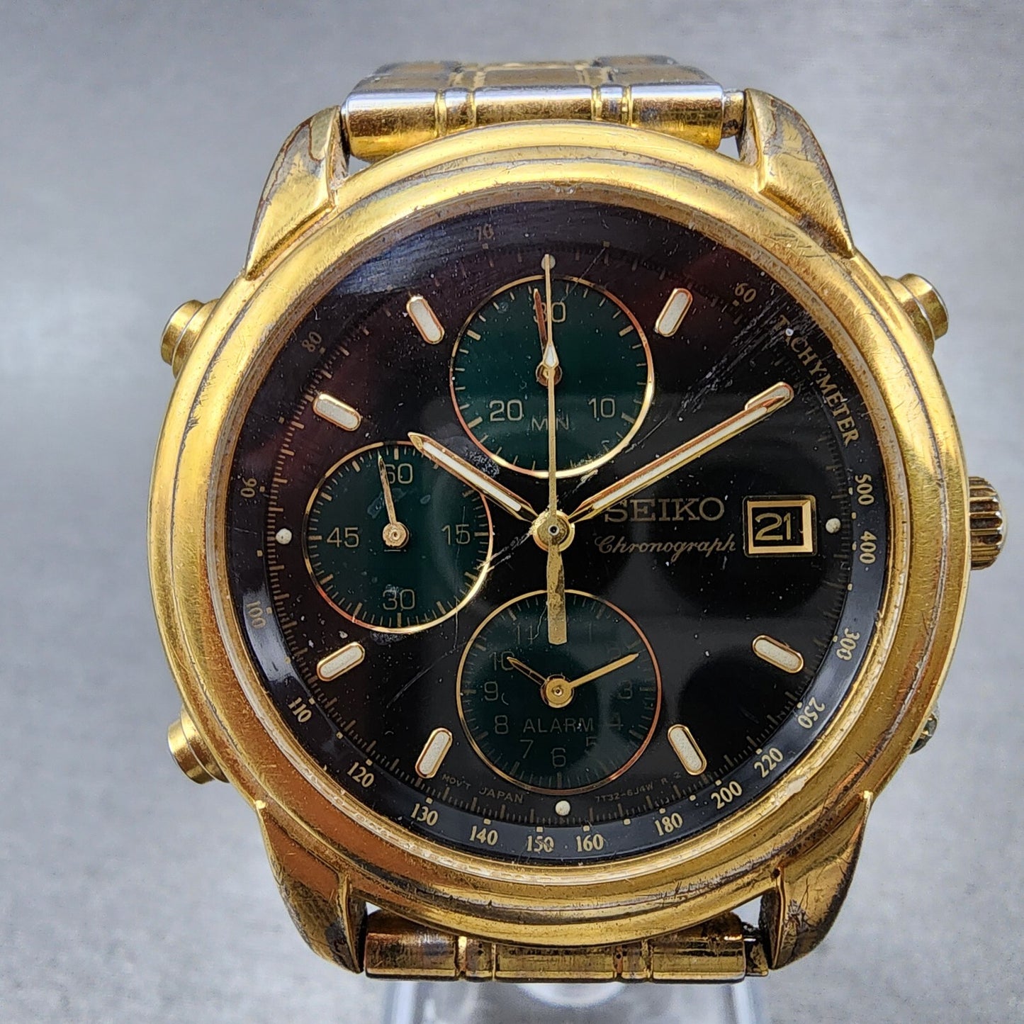 Seiko Chronograph Watch Men 37mm Black Dial Gold Date Alarm 7T32-6G40 READ!!!!!!