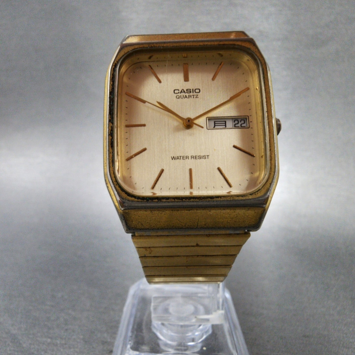 Casio Tank Watch Men 30mm Champagne Dial Gold Tone Rectangle MQ-518 New Battery