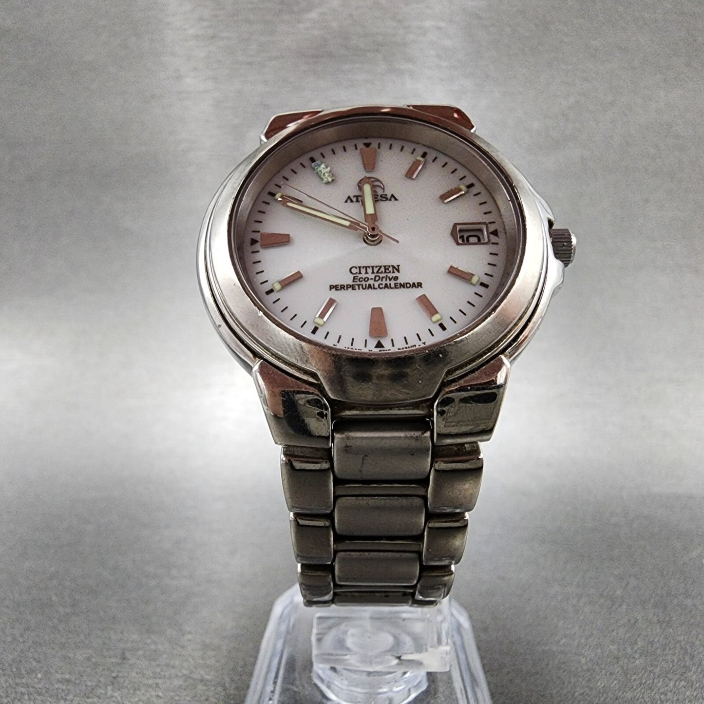 Citizen Attesa Eco-Drive Watch Men 36mm White Dial Titanium Date Perpetual Cal