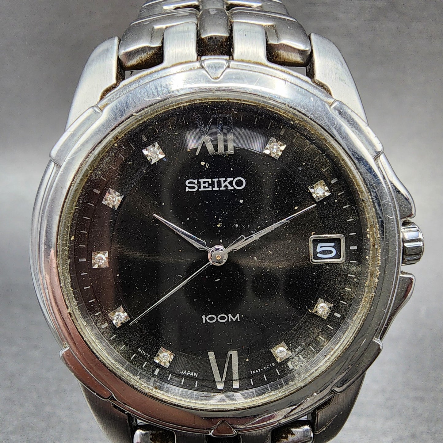 Seiko Watch Men 36mm Black Dial Silver Tone Date Round 7n42-0am0 New Battery
