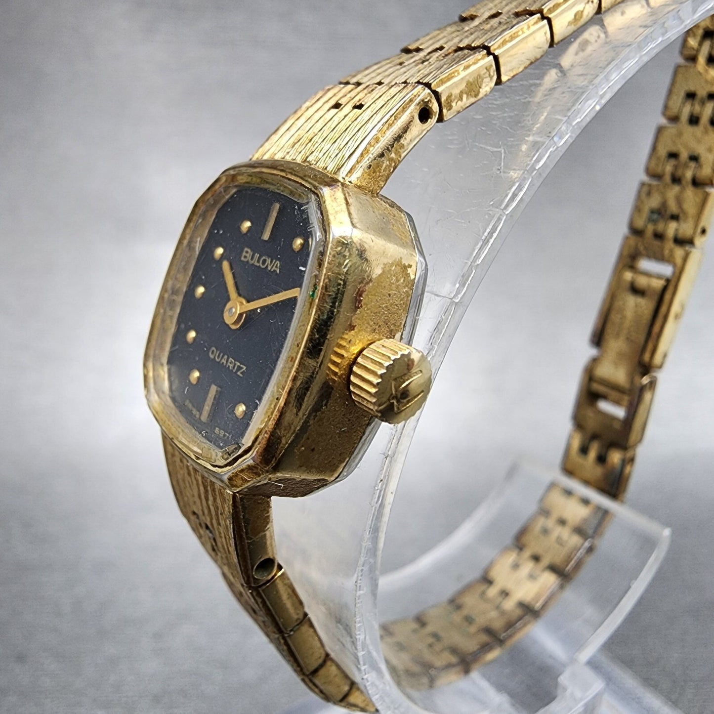 VTG Bulova Watch Women 16mm Black Dial Gold Tone Rectangle 6971 New Battery