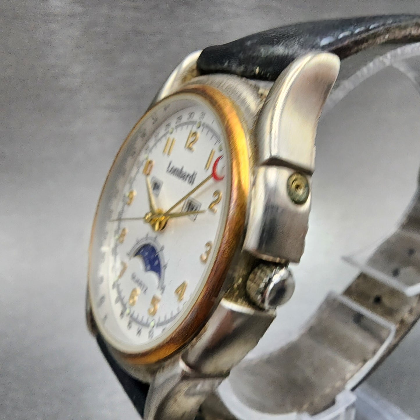 Lombardi Triple Calendar Moonphase Watch Men 35mm White Dial Two Tone New Batt