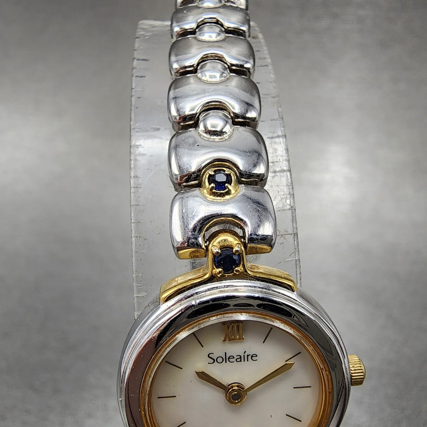 Ricoh Soleaire Watch Women 20mm MOP Dial Two Tone Blue Gemstones Round New Batt