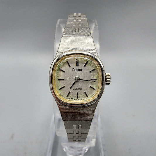 VTG Pulsar Watch Women Silver Tone Silver Dial 16mm Rectangle V230-5340 New Batt