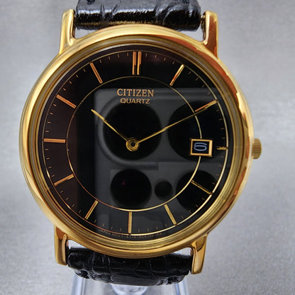 Citizen Dress Watch Mens 33mm Black Gilt Sector Dial Gold Tone Date Croc Grain Leather Band Vintage