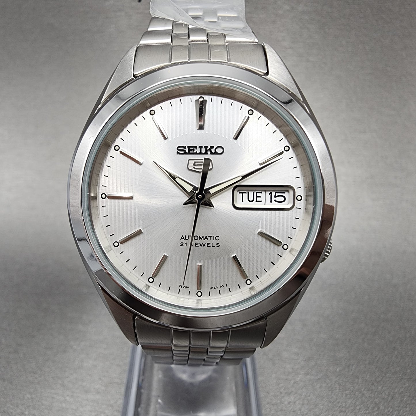 Seiko 5 SNKL15K1 Watch Men 37.5mm White Dial Stainless Steel Daydate Automatic