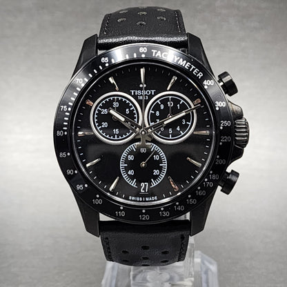 Tissot V8 Chronograph Watch Men 43mm Black Dial Black PVD Case Date Leather Band Date T106.417.36.051.00