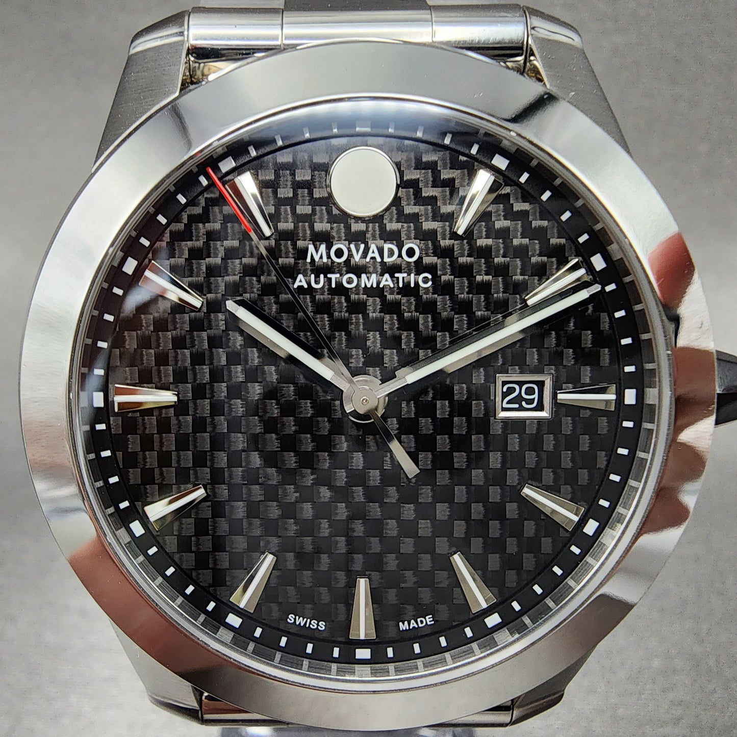 Movado Vizo Automatic Watch Men 44mm Carbon Fiber Dial Steel Date Round 0607543