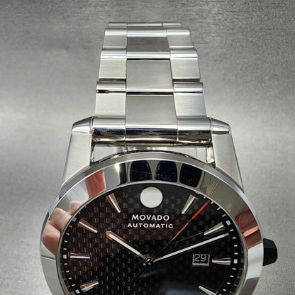 Movado Vizo Automatic Watch Men 44mm Carbon Fiber Dial Steel Date Round 0607543