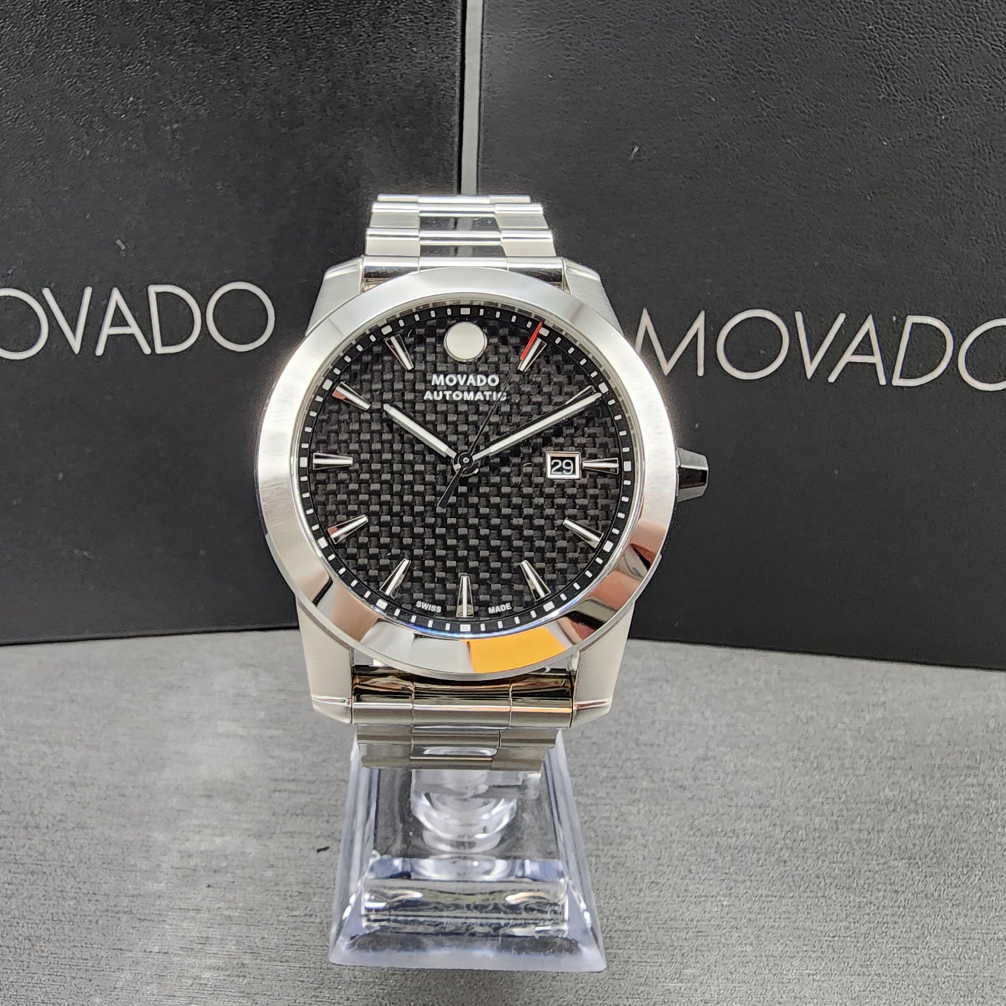 Movado Vizo Automatic Watch Men 44mm Carbon Fiber Dial Steel Date Round 0607543